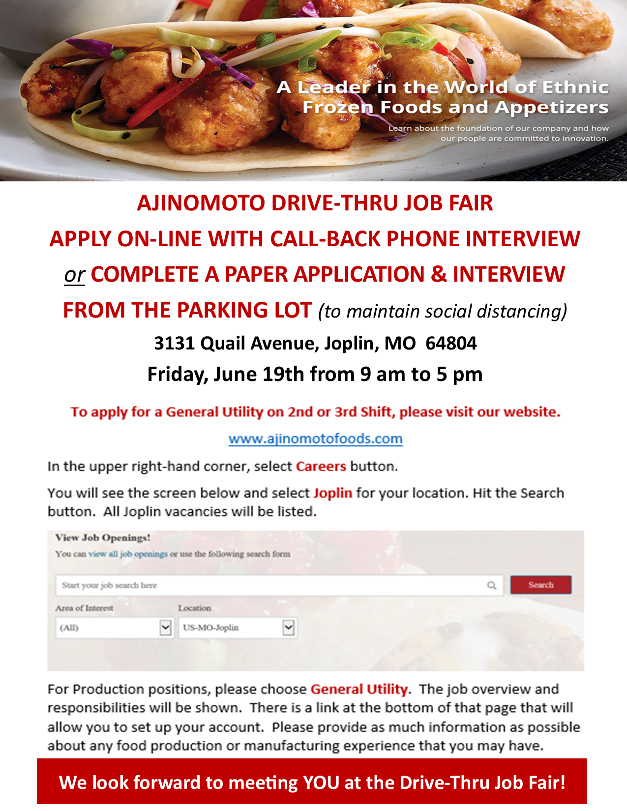 Ajinomoto Foods Will Host DriveThru Job Fair on June 19 Joplin