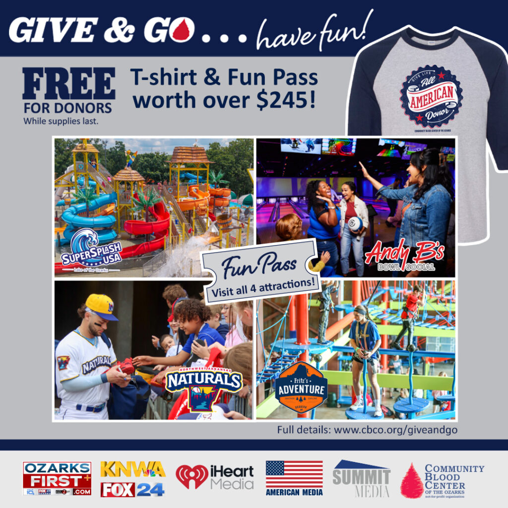 Community Blood Center of the Ozarks Offers Give & Go Fun Pass to Blood Donors in May and June