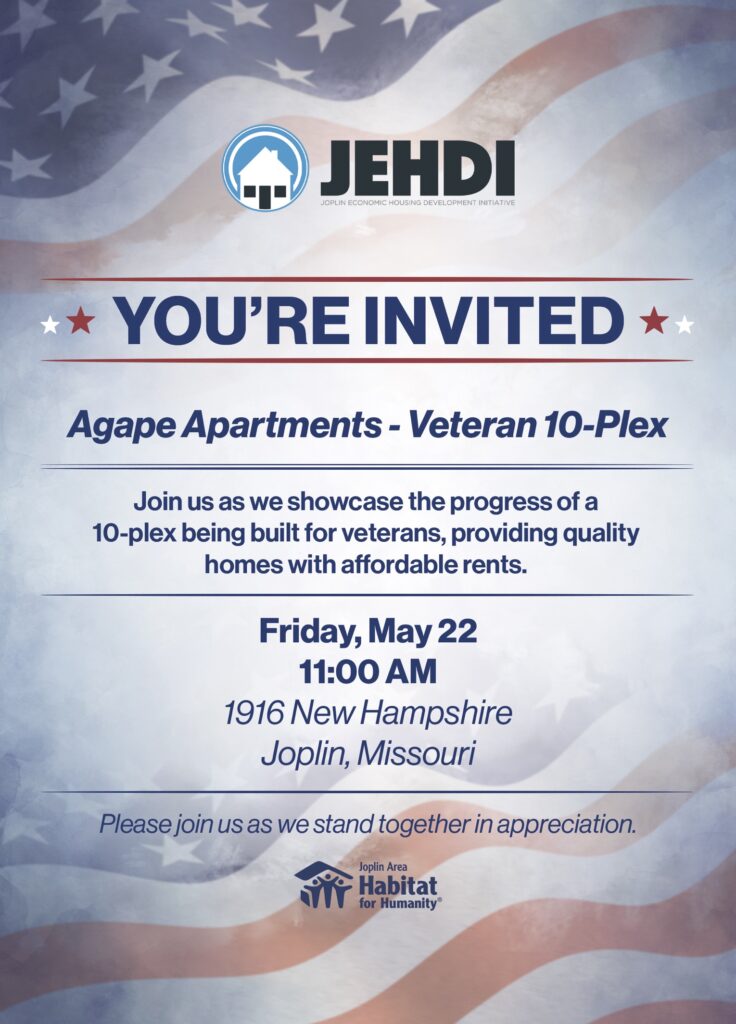 Joplin Area Habitat for Humanity Showcases Progress of Agape Apartments for Veterans on May 22
