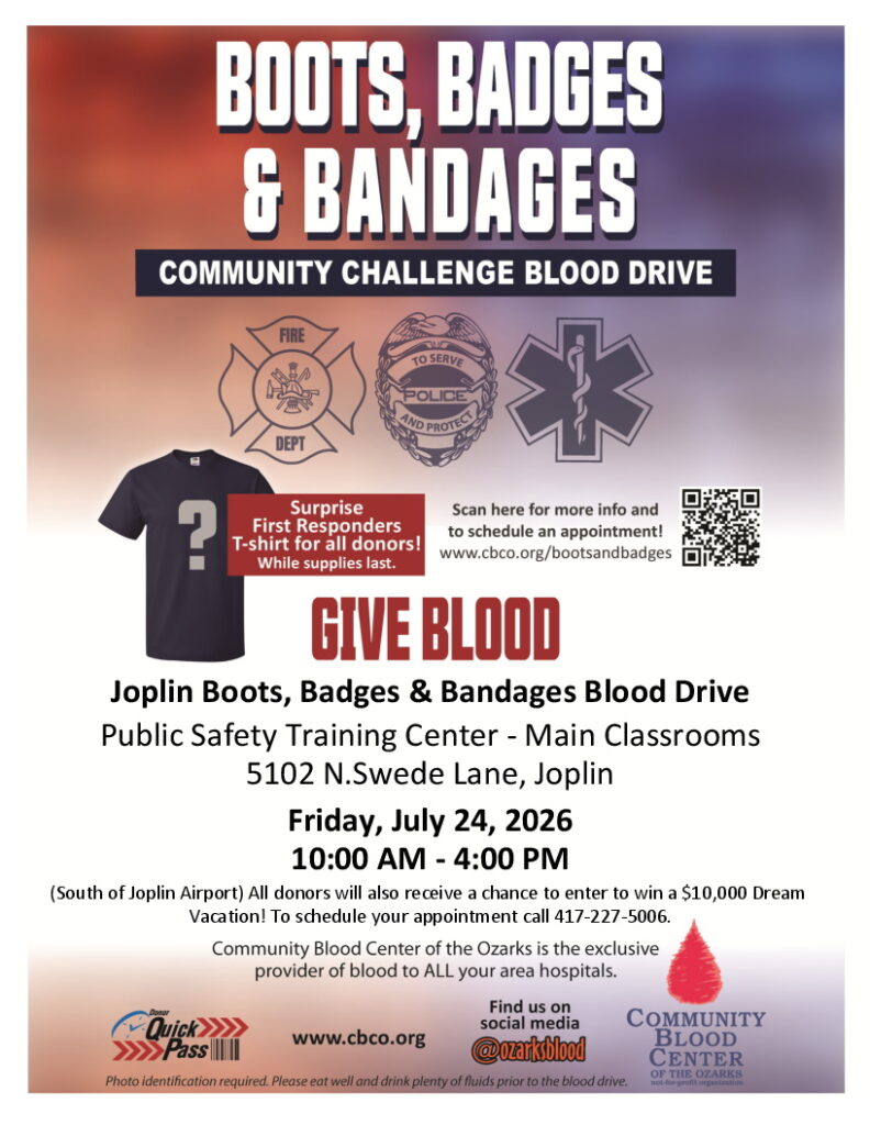 Joplin First Responders Team Up with Community Blood Center of the Ozarks for July 24 Boots, Badges and Bandages Blood Drive